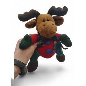 Plush Christmas Moose • Red + Green Toy with Plaid Scarf • Holiday Decor •‎ 10"